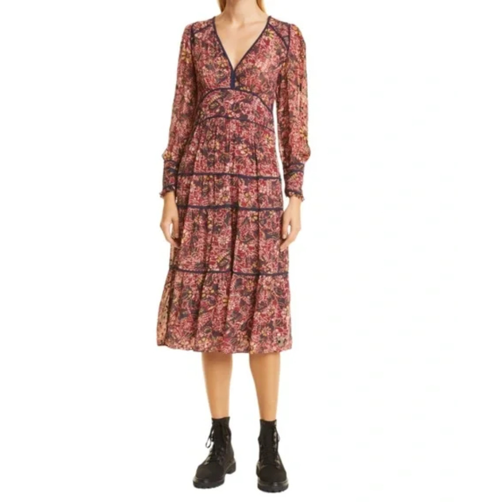 ba&sh NWT Gigi Long Sleeve Floral Midi Boho Smocked Floral Dress 1 / US 4 Small